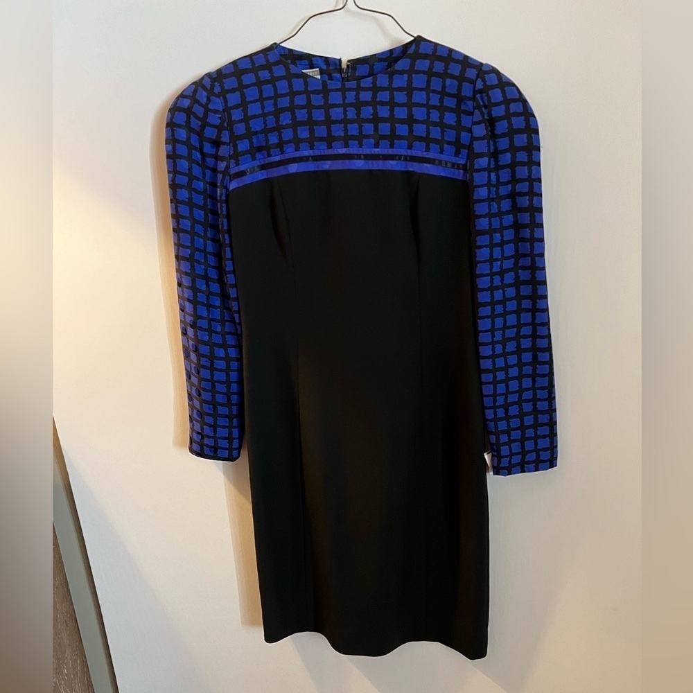 TALBOT’S BLACK WITH BLUE & BLACK INSET OF SILK TO DRESS IT UP.  Dressy dress